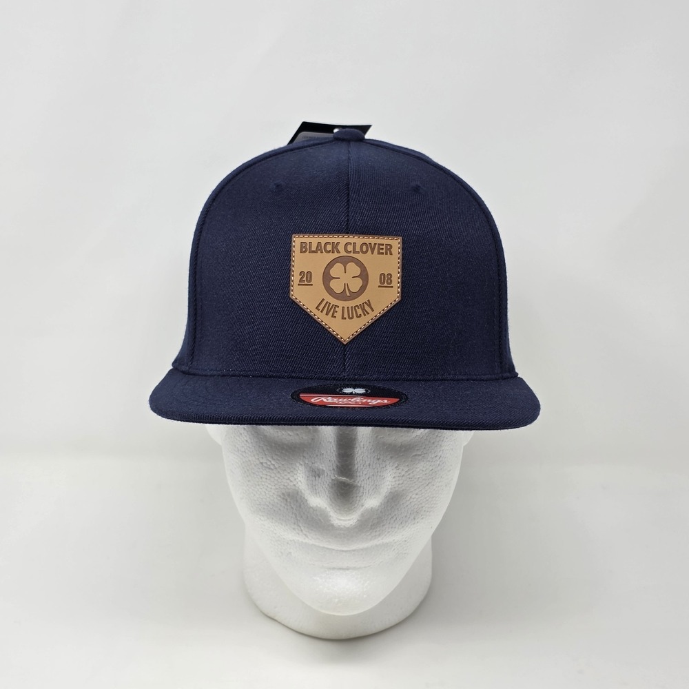 Black Clover Hat Flat Bill Rawlings Leather Patch Navy Blue Acrylic Wool S/M Cap